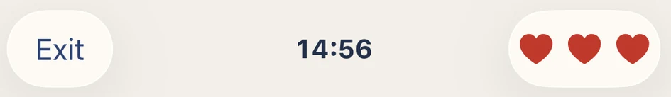 Mock drill bar with a 14:56 timer and three hearts