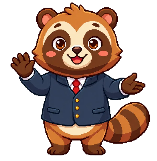 Yomi, a tanuki in a navy school blazer, waving hello